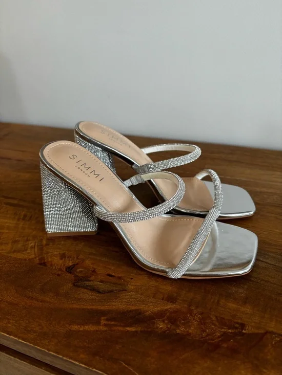 Silver Rhinestone Block Heel Sandals - Picture 1 of 3